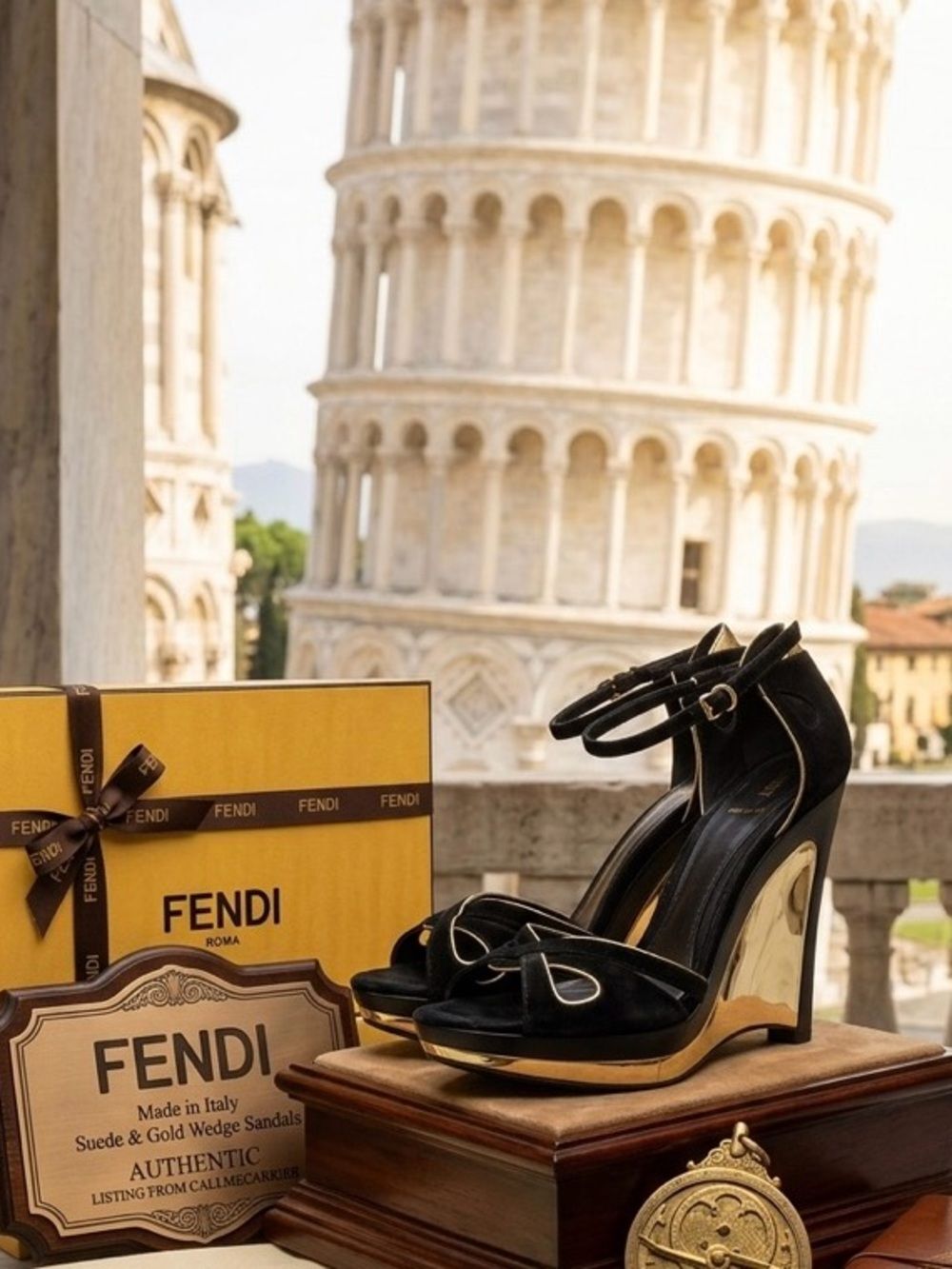 🛍️ Fendi Authentic Black Metallic Suede Wedge Sandals